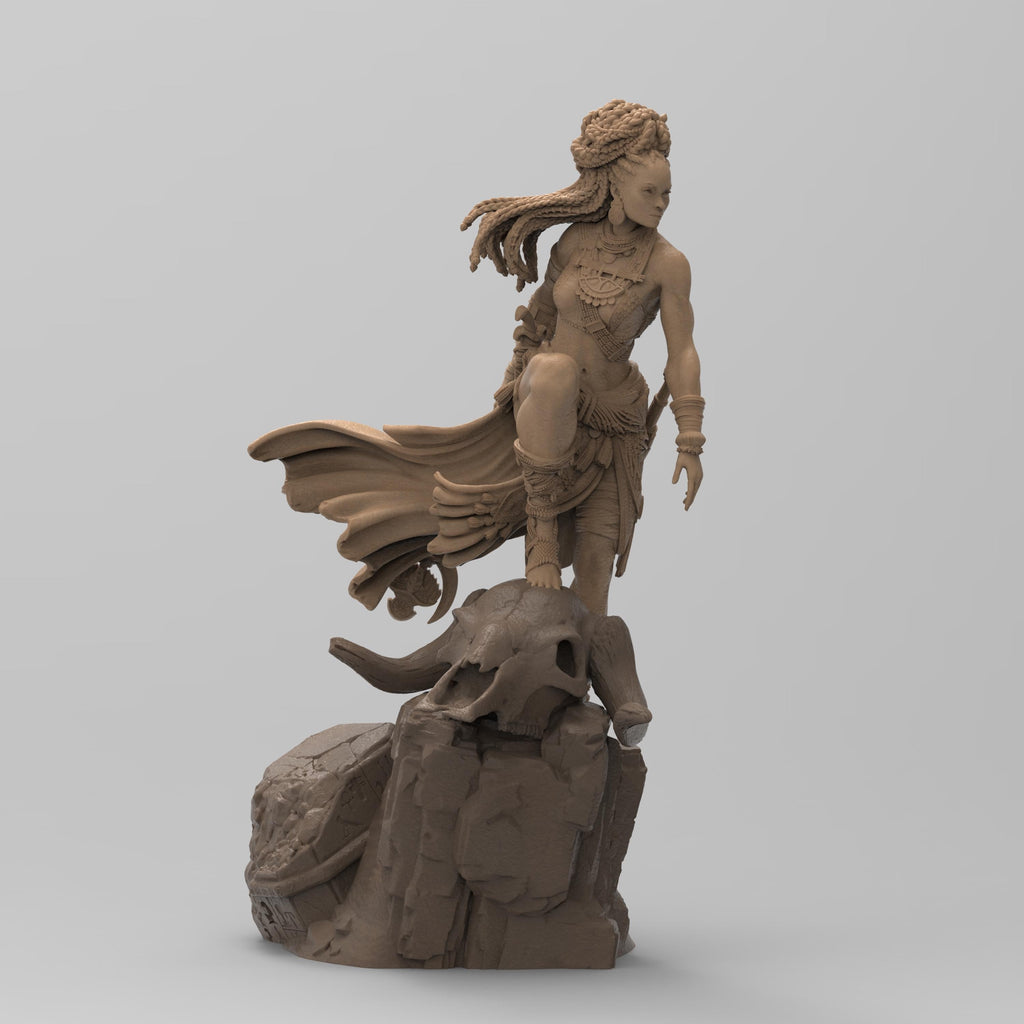 Elzebe, the Warrior Queen, stands atop a rocky skull, exuding strength and regality. Clad in intricate armor, her braided hair flows as she surveys the battlefield. A fierce leader, she embodies resilience and power, a true queen of war and legend.