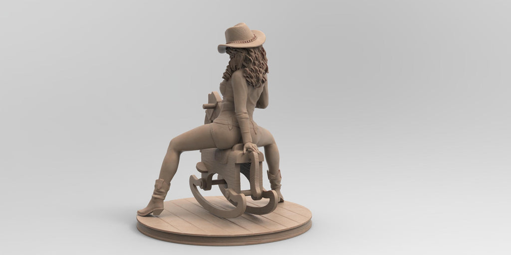 Antique wood-colored statue of a cowgirl wearing a hat and boots, riding a detailed rocking horse, posed on a circular wooden base with a rustic finish.