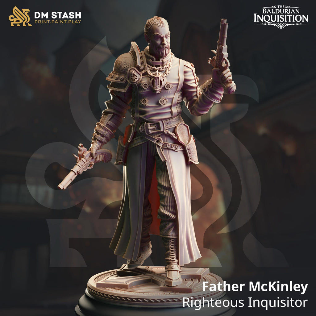 Stoic and battle-worn, Father McKinley stands with dual flintlock pistols and a righteous glare. Adorned in detailed layered armor and a long flowing coat, this miniature captures a holy gunslinger ready to purge evil with fire and faith.