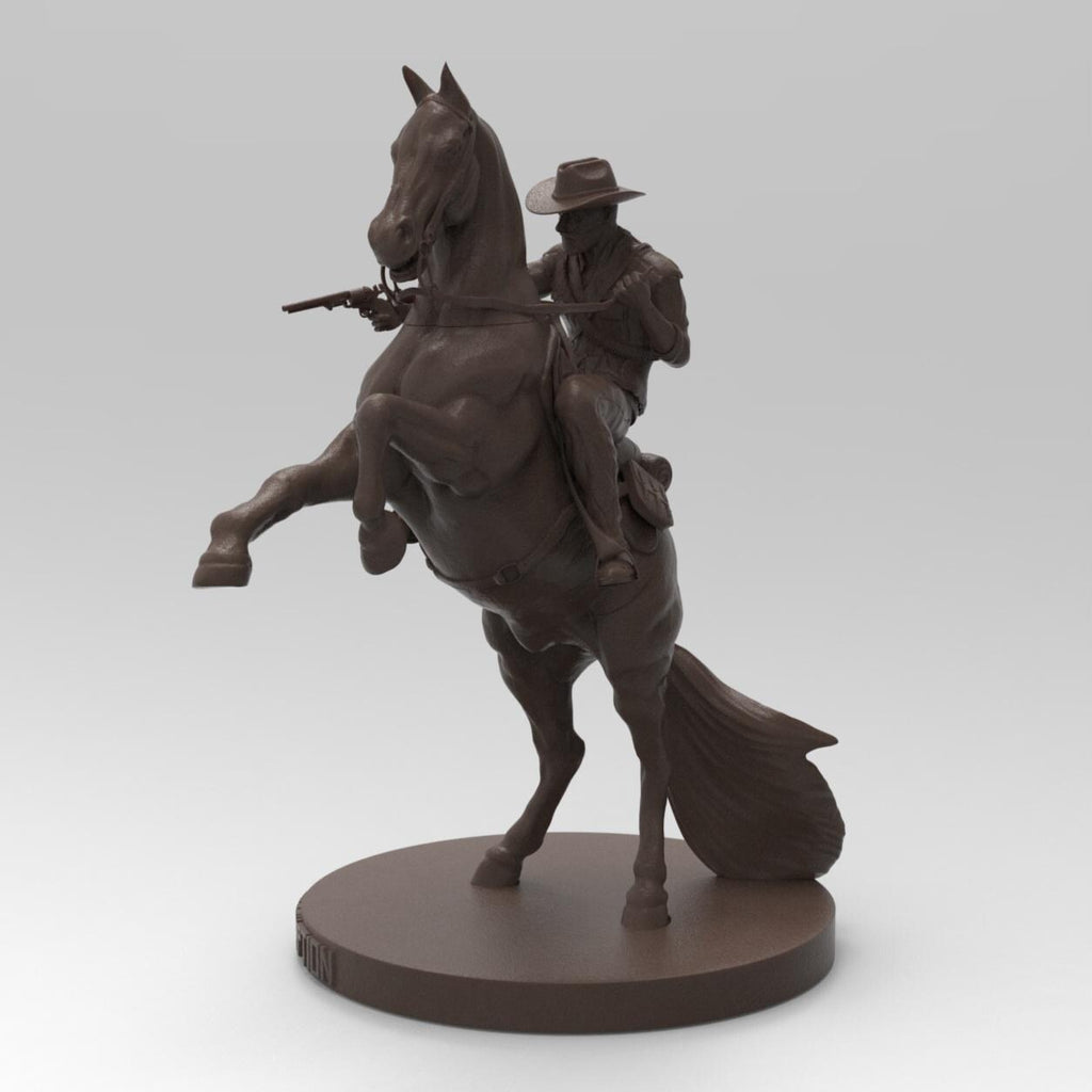 Antique wood-colored statue of The Wild West Cowboy, mounted on a rearing horse, holding a rifle, with intricate details on the base inscribed &#39;Red Dead Redemption.
