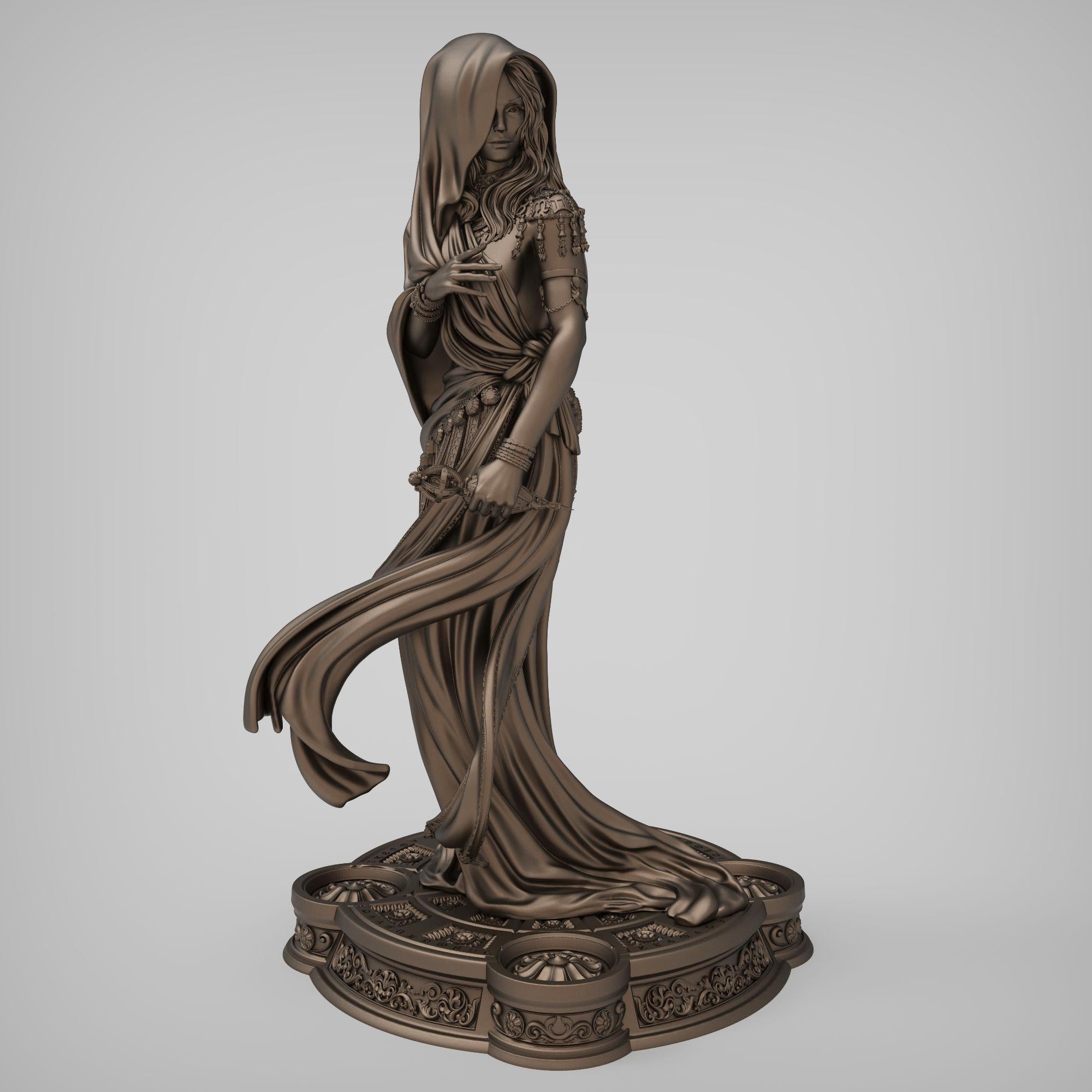 Klotho the Moirai, the spinner of fate, is captured here in an elegant and mysterious pose, cloaked in flowing robes and holding the thread of destiny. This highly detailed sculpture embodies grace, power, and mythic allure—perfect for collectors of fantasy art, mythology, and Greek legends.