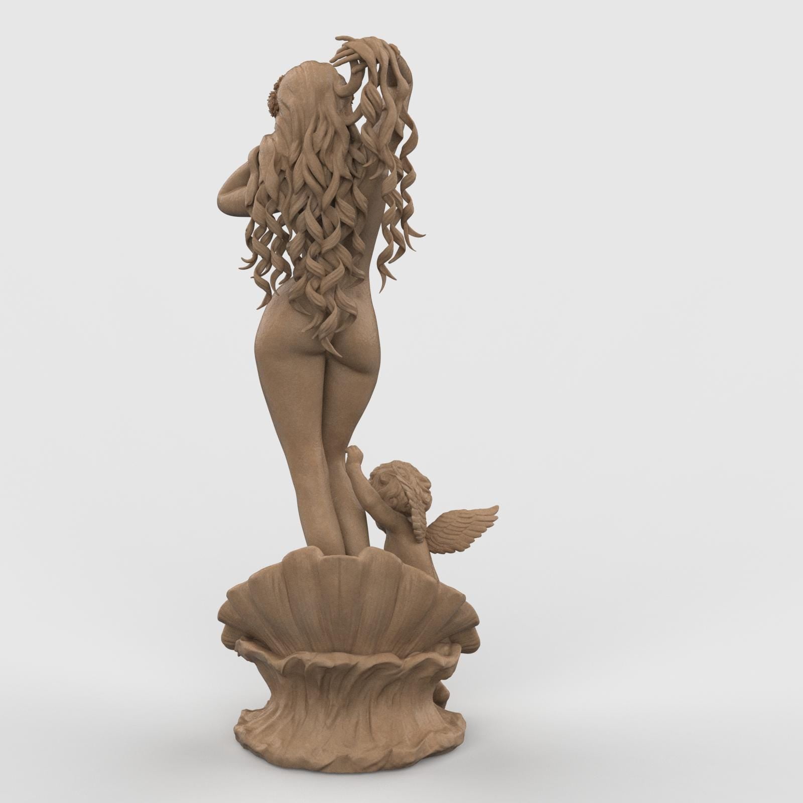 3D statue of Aphrodite, standing gracefully on a shell with flowing hair and floral wreath, accompanied by a cherub at her feet, set against a neutral background.