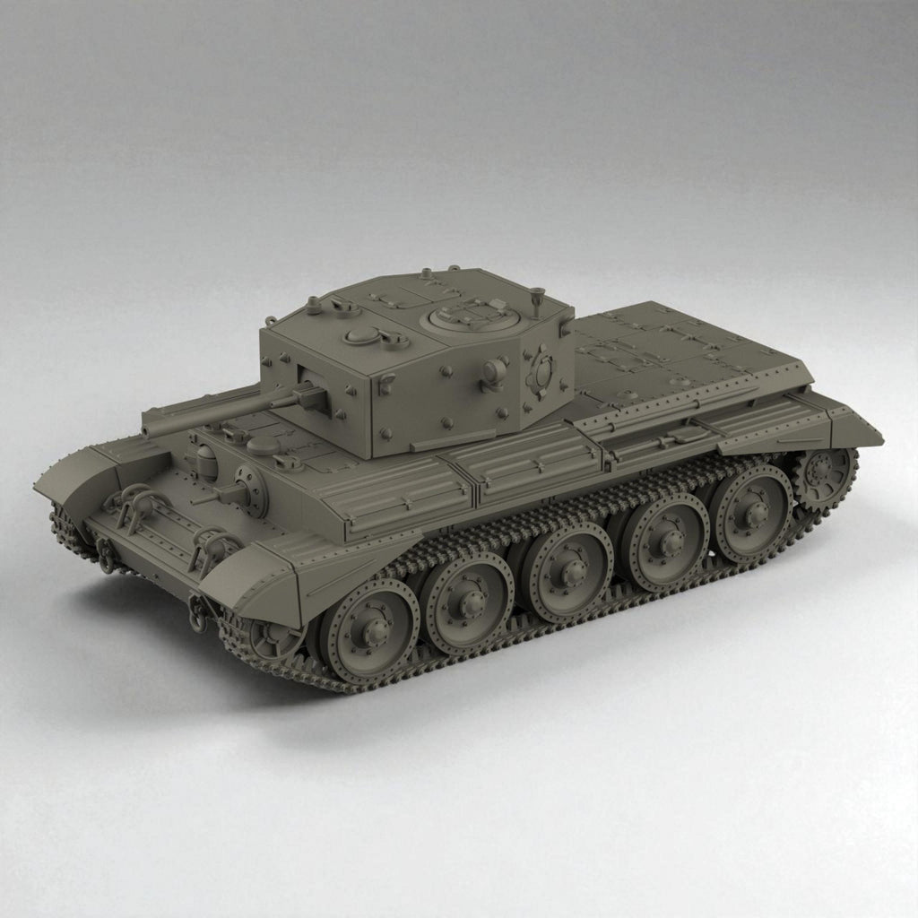 3D model of the British Cruiser Mk IV tank, featuring detailed armor plating, riveted turret, and six road wheels per side, shown in both matte dark and metallic silver finishes.