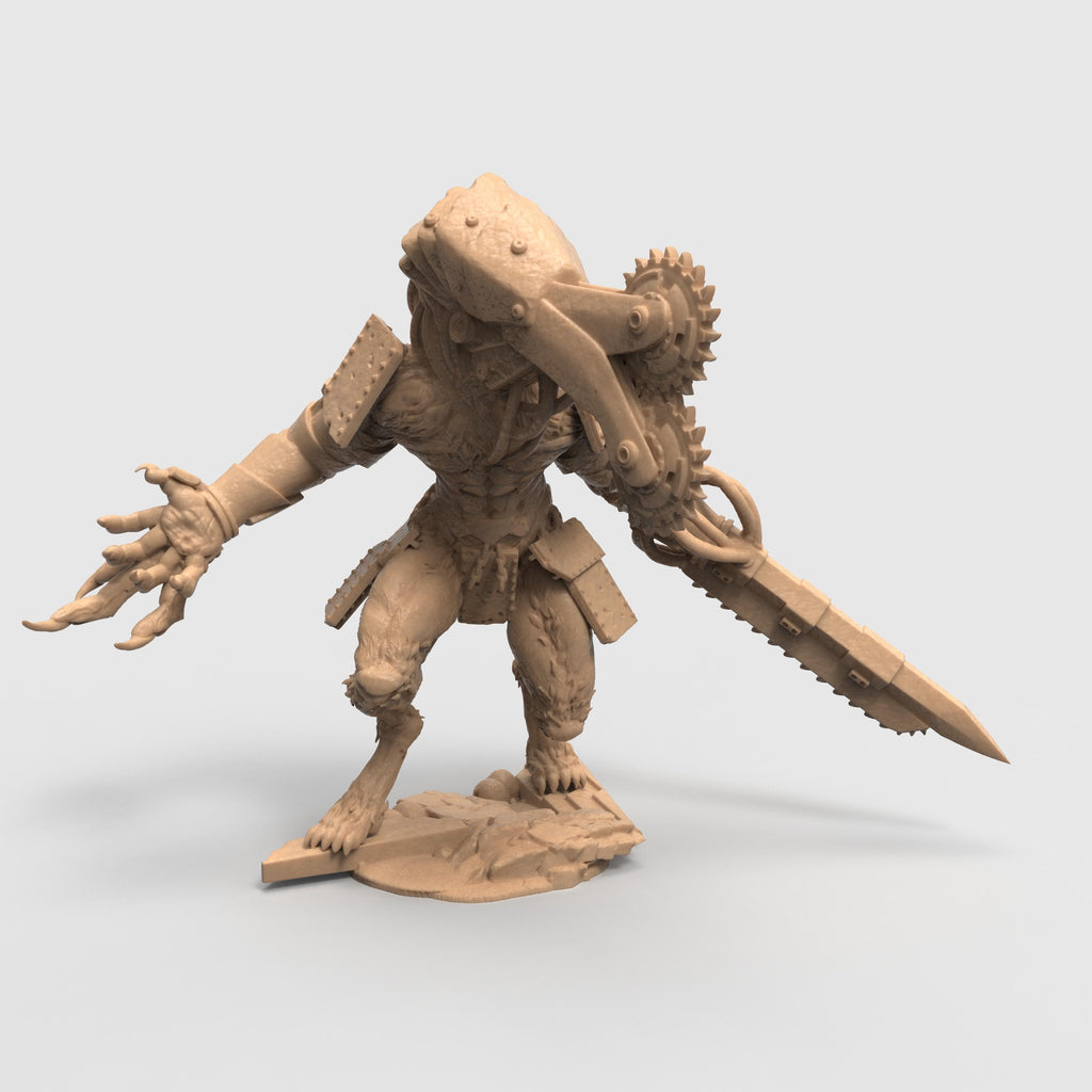 Three views of the Sampaloc War Wolf miniature, a muscular werewolf-like creature with mechanical enhancements. The beast features a large headpiece fitted with twin circular saw blades and wears spiked armor plates on its shoulders. One arm ends in a menacing clawed hand, while the other is equipped with a chainsaw-like weapon. The figure stands on a textured base resembling broken terrain, emphasizing its aggressive and battle-ready posture.