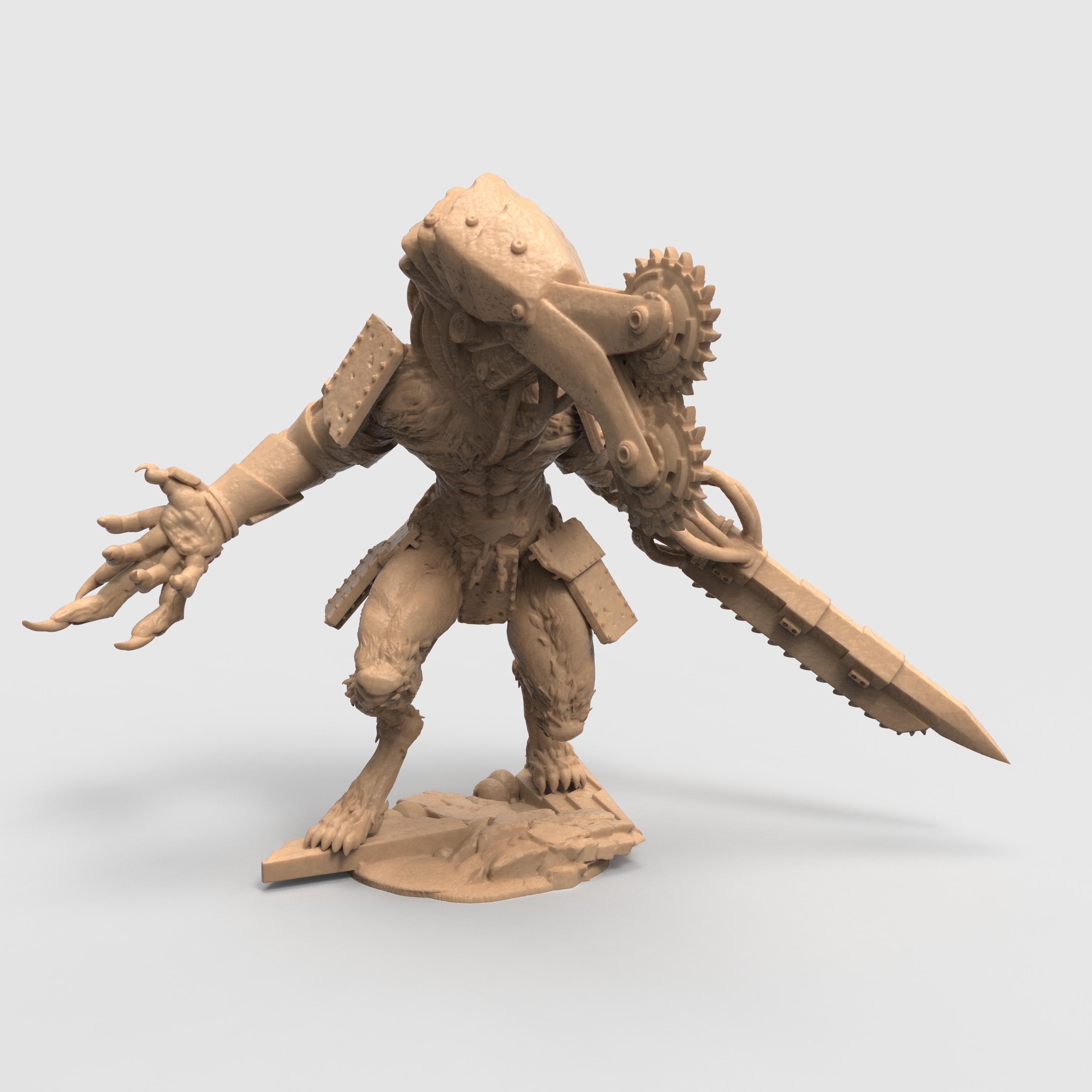 Three views of the Sampaloc War Wolf miniature, a muscular werewolf-like creature with mechanical enhancements. The beast features a large headpiece fitted with twin circular saw blades and wears spiked armor plates on its shoulders. One arm ends in a menacing clawed hand, while the other is equipped with a chainsaw-like weapon. The figure stands on a textured base resembling broken terrain, emphasizing its aggressive and battle-ready posture.