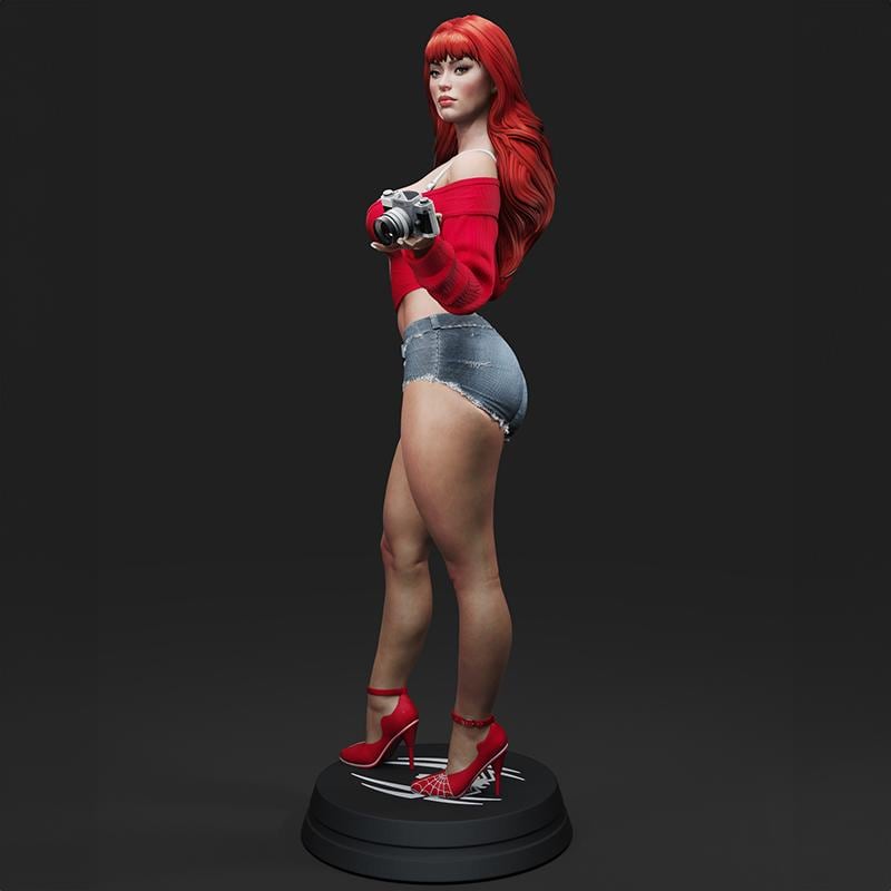 Stylized 3D-printed figurine of Mary Jane in a confident pose, holding a camera in one hand and a cloth in the other. She is dressed in a cropped sweater and short shorts, with long flowing hair and high heels. Available in bronze, gold, and silver finishes, the sculpture showcases fine detail and a modern, fashionable aesthetic.