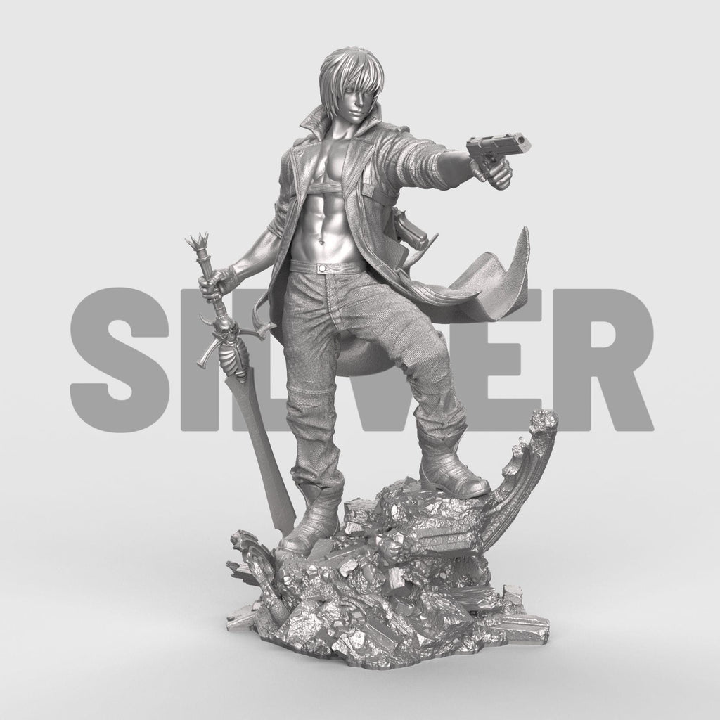 Dante figurine posed dynamically on rocky terrain, wearing a flowing red coat and holding a pistol aimed forward, with detailed sculpting and painted finish.