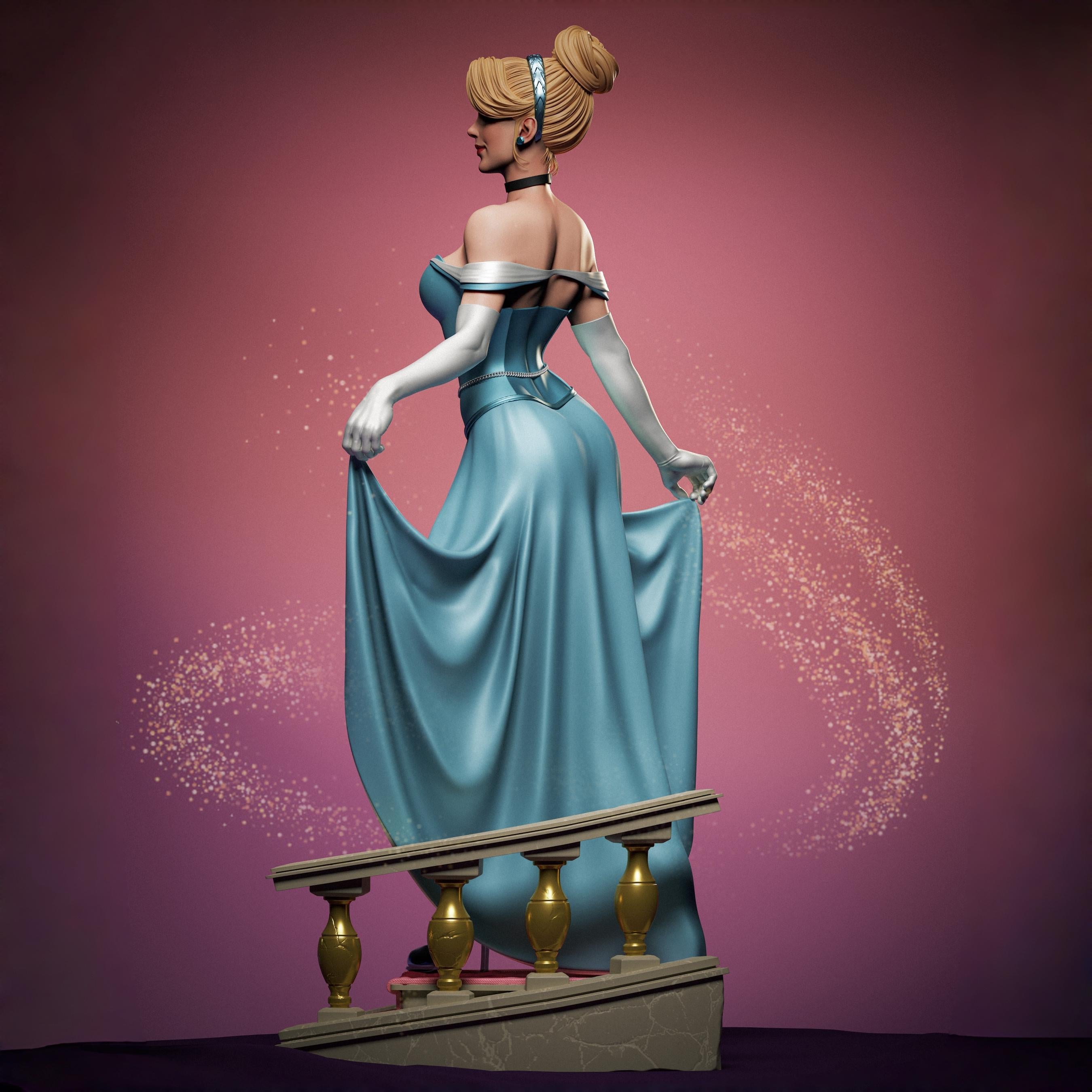 A bold reimagination of the classic princess, this stunning Elaria the Princess of Moonlight statuette blends elegance and seduction. With delicate details from her flowing dress to thigh-high stockings and glass slippers, she steps confidently down the royal stairs—one garter and lost shoe away from a fairytale twist.