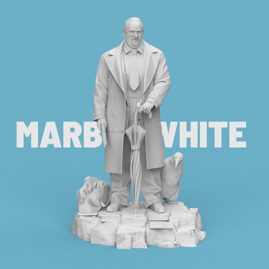 3D-printed figurine of The Penguin Man standing on a textured stone base, holding an umbrella and a gun, with two penguins by his side. The sculpture showcases detailed clothing folds and facial expression, making it ideal for collectors of cinematic or villain-inspired art pieces.