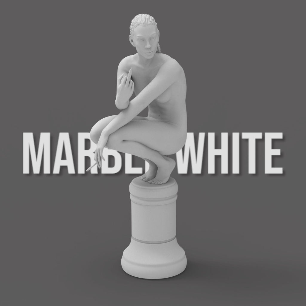 A nude woman squats on a chess piece pedestal, flipping her middle finger while holding a cigarette. Her defiant expression blends classical and modern art styles.