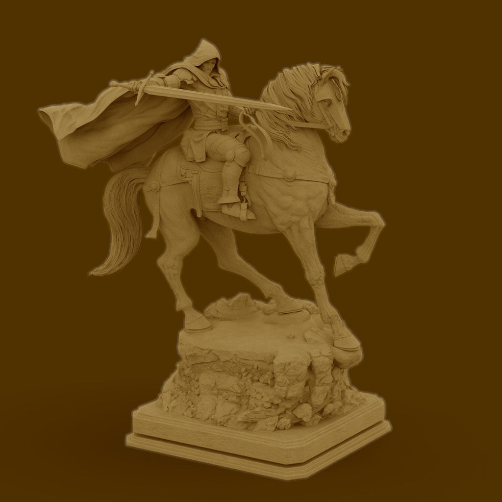 May include: A beige colored statue of a knight riding a horse. The Armored Revenant is wearing a hooded cloak and holding a sword. The horse is standing on a rocky base.