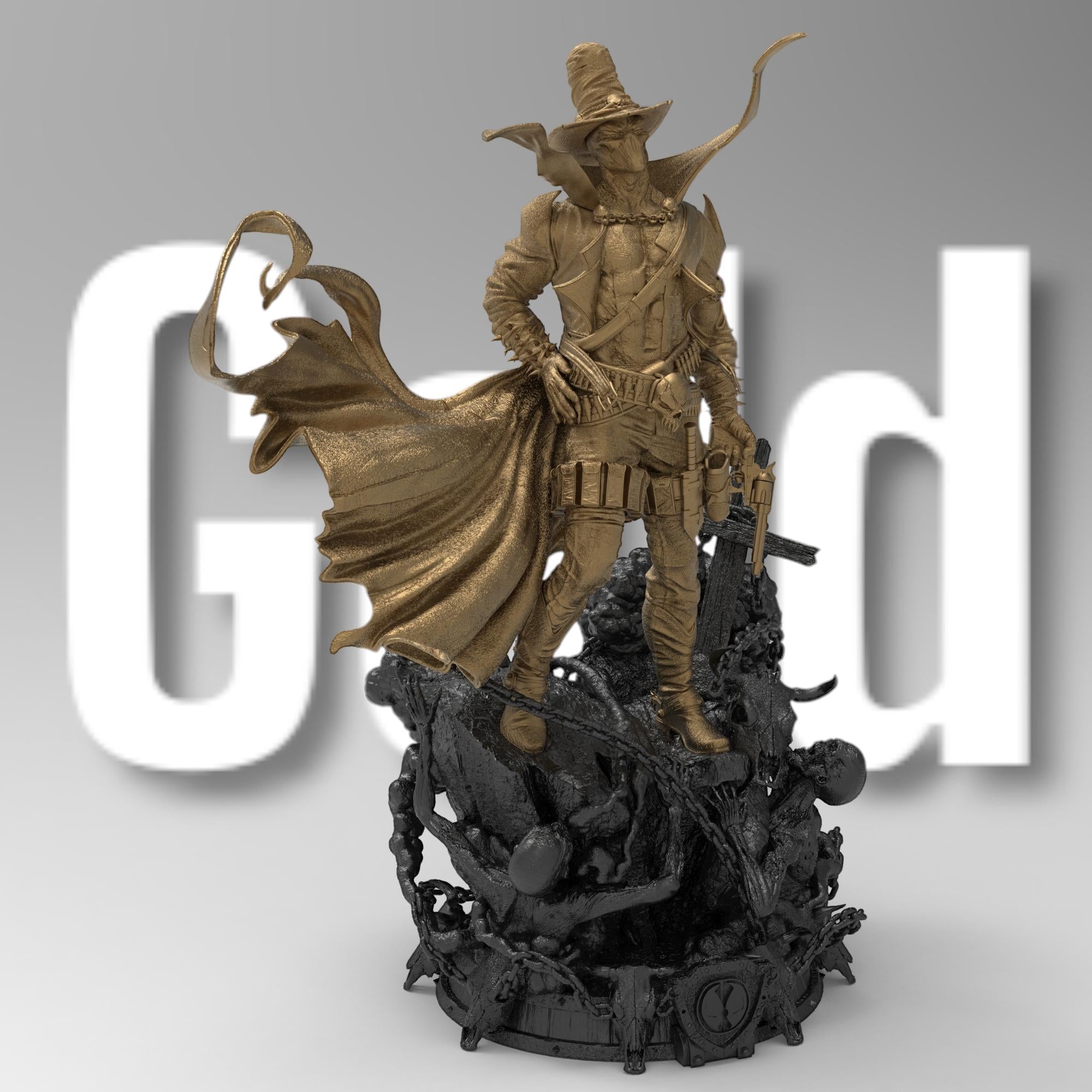 Gunslinger Spawn statue in a dynamic pose, wielding twin pistols with a flowing cape and spiked armor. Stands atop a detailed battlefield with chains and skulls, capturing the dark, gritty essence of the character.