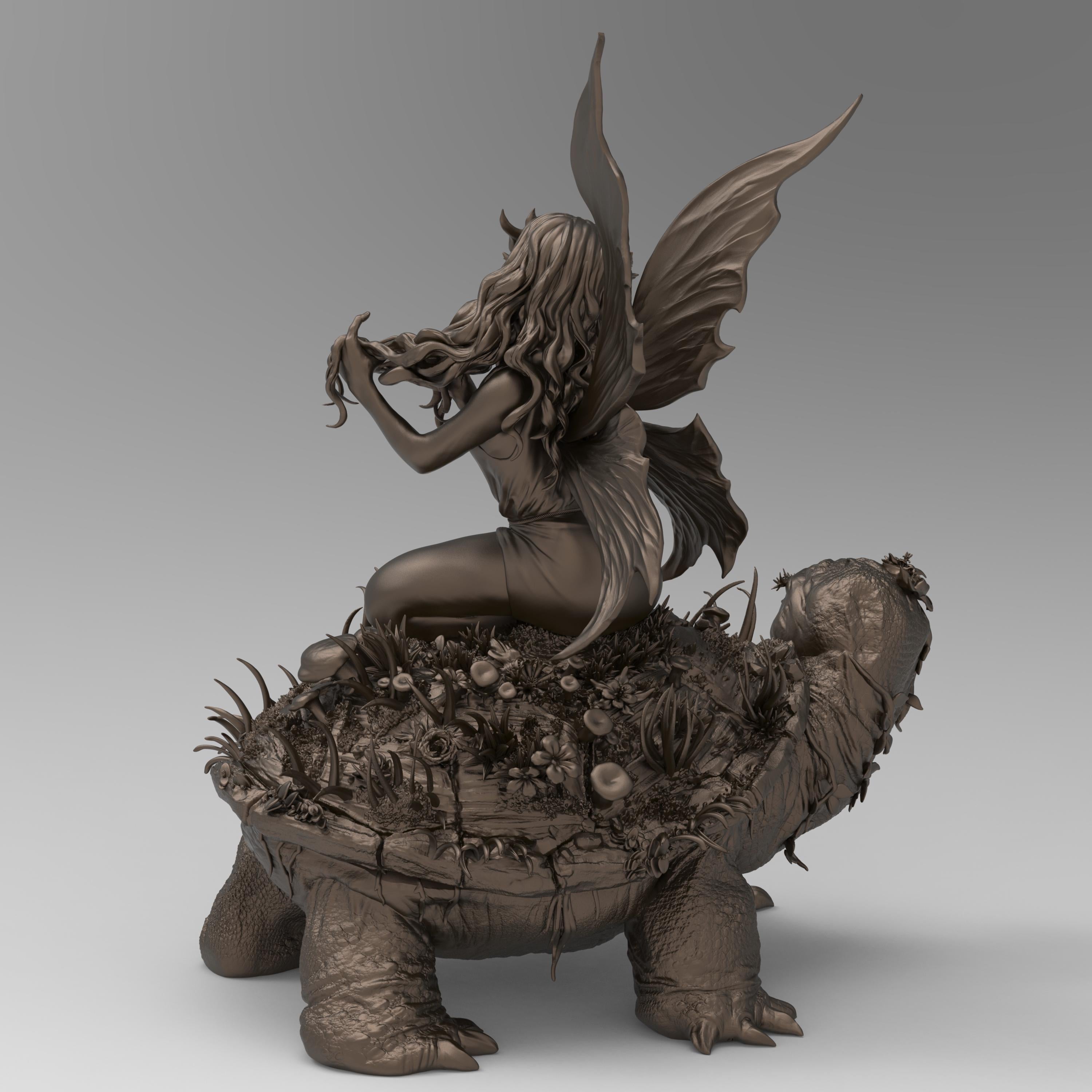 A delicate fairy with flowing hair and floral accessories sits atop a large turtle covered in lush vegetation. She gracefully plays with her hair, her translucent wings extending behind her. The turtle&#39;s wise expression adds to the enchanting scene.