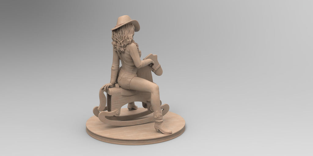Antique wood-colored statue of a cowgirl wearing a hat and boots, riding a detailed rocking horse, posed on a circular wooden base with a rustic finish.
