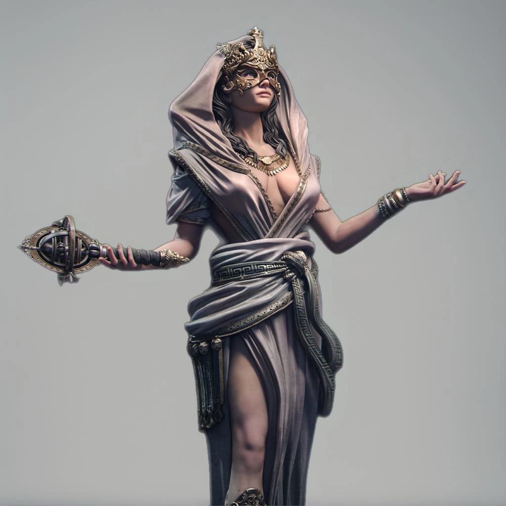 Elegant statue of Lakhesis, the Moirai. Draped in flowing robes with intricate details, a veiled face, and a majestic headdress. Symbolizing the measurer of fate, she stands with a poised and mystical presence.