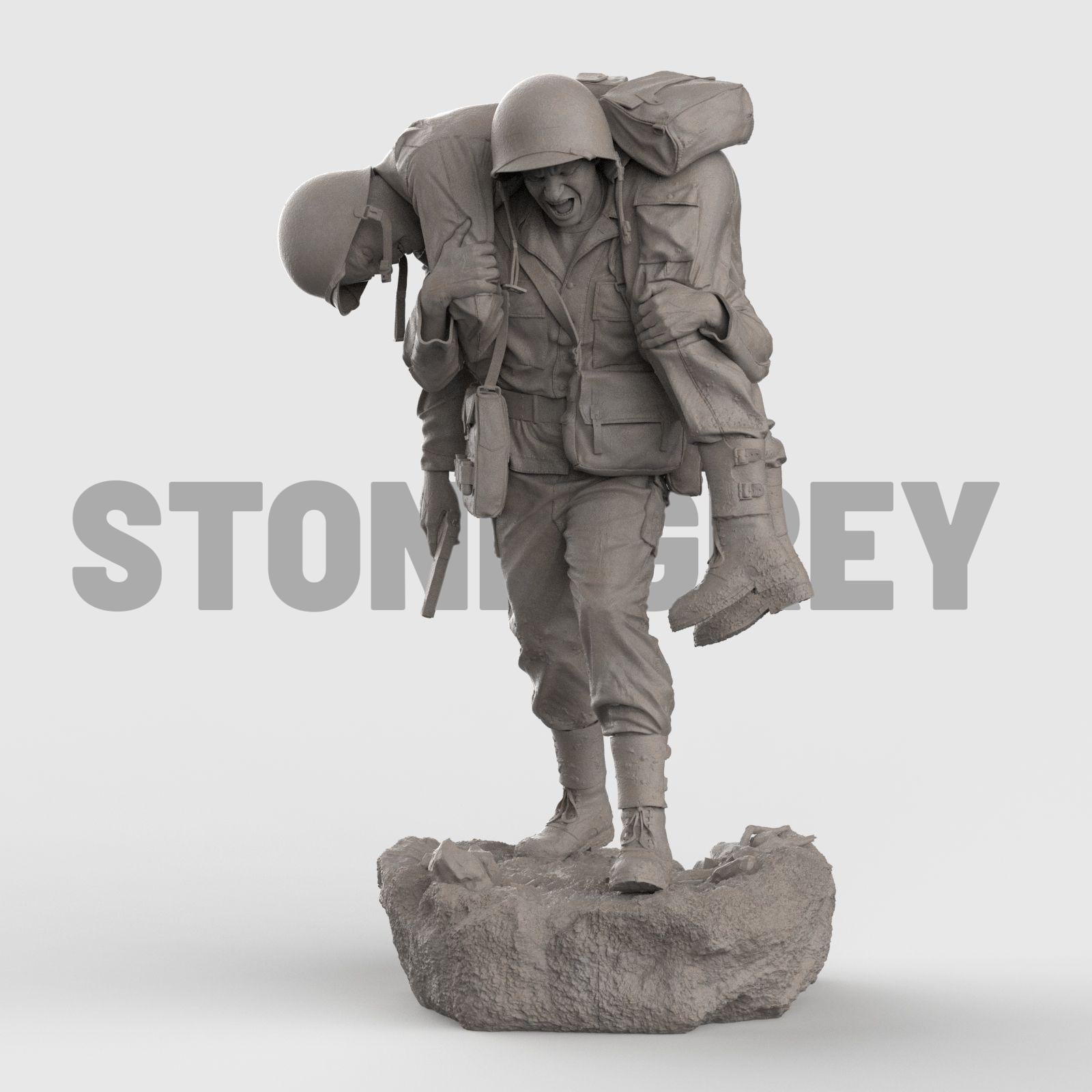 Detailed 3D-printed statue of a WWII soldier carrying a wounded comrade on his back, symbolizing courage, sacrifice, and brotherhood in battle. The figure is set on a rocky base, capturing raw emotion and heroic realism.