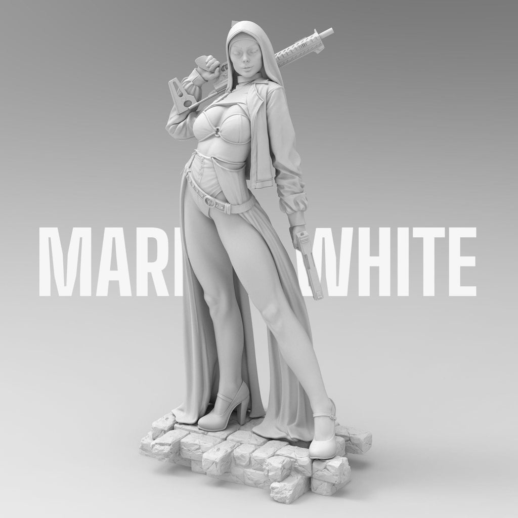 Armed and divine, the Nun with Gun stands tall with tactical heels, hooded cloak, and dual firepower. A bold blend of holiness and havoc—equal parts protector and punisher. Perfect for collectors who like their saints with a side of firepower.