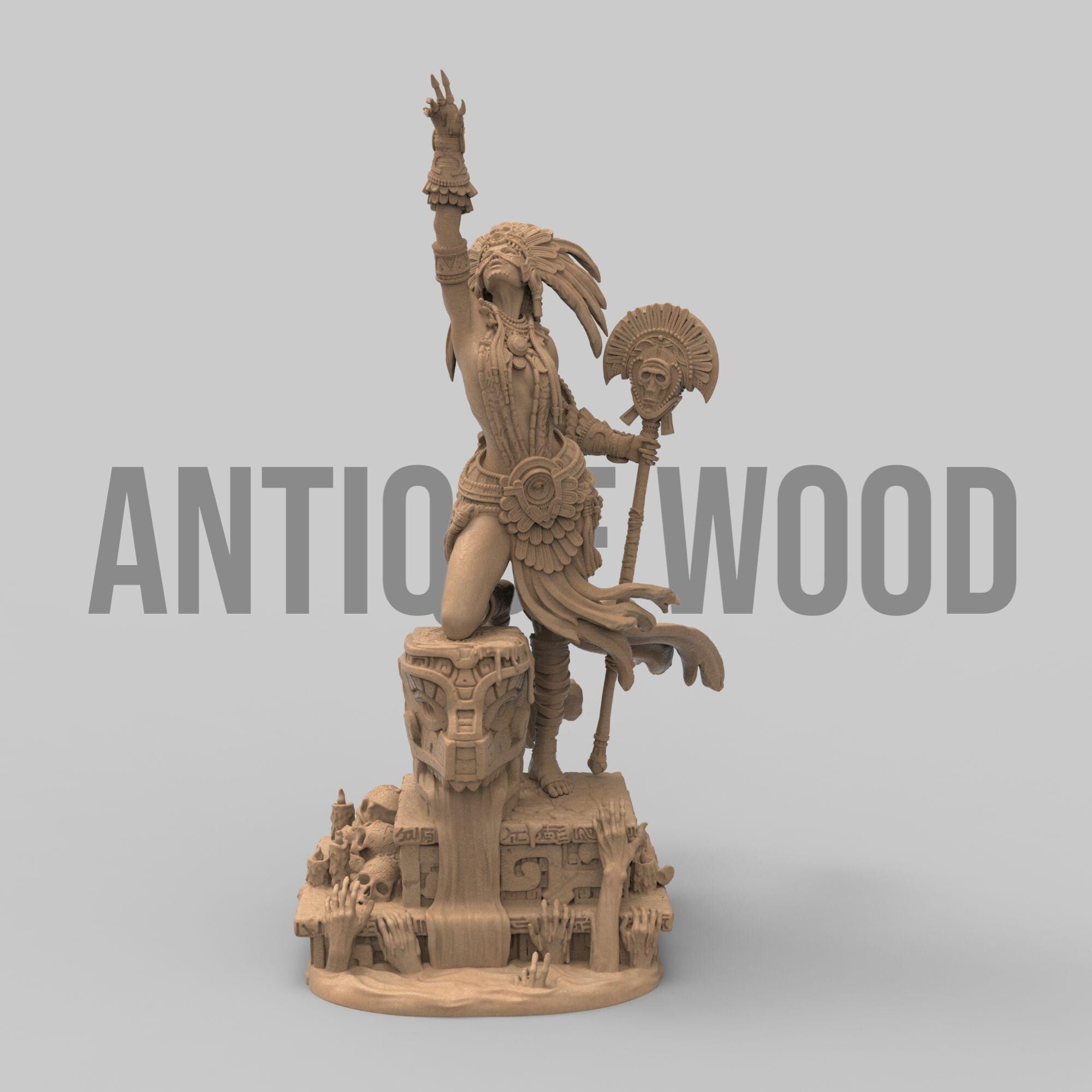 Necalin, the Priestess of Death, rises from ancient ruins, summoning forgotten powers. Clad in ceremonial armor and wielding a skull-topped staff, she channels divine wrath and spiritual dominion. This intricately detailed sculpture captures her fierce grace and mystical authority—a commanding centerpiece for any collection of mythical figures.