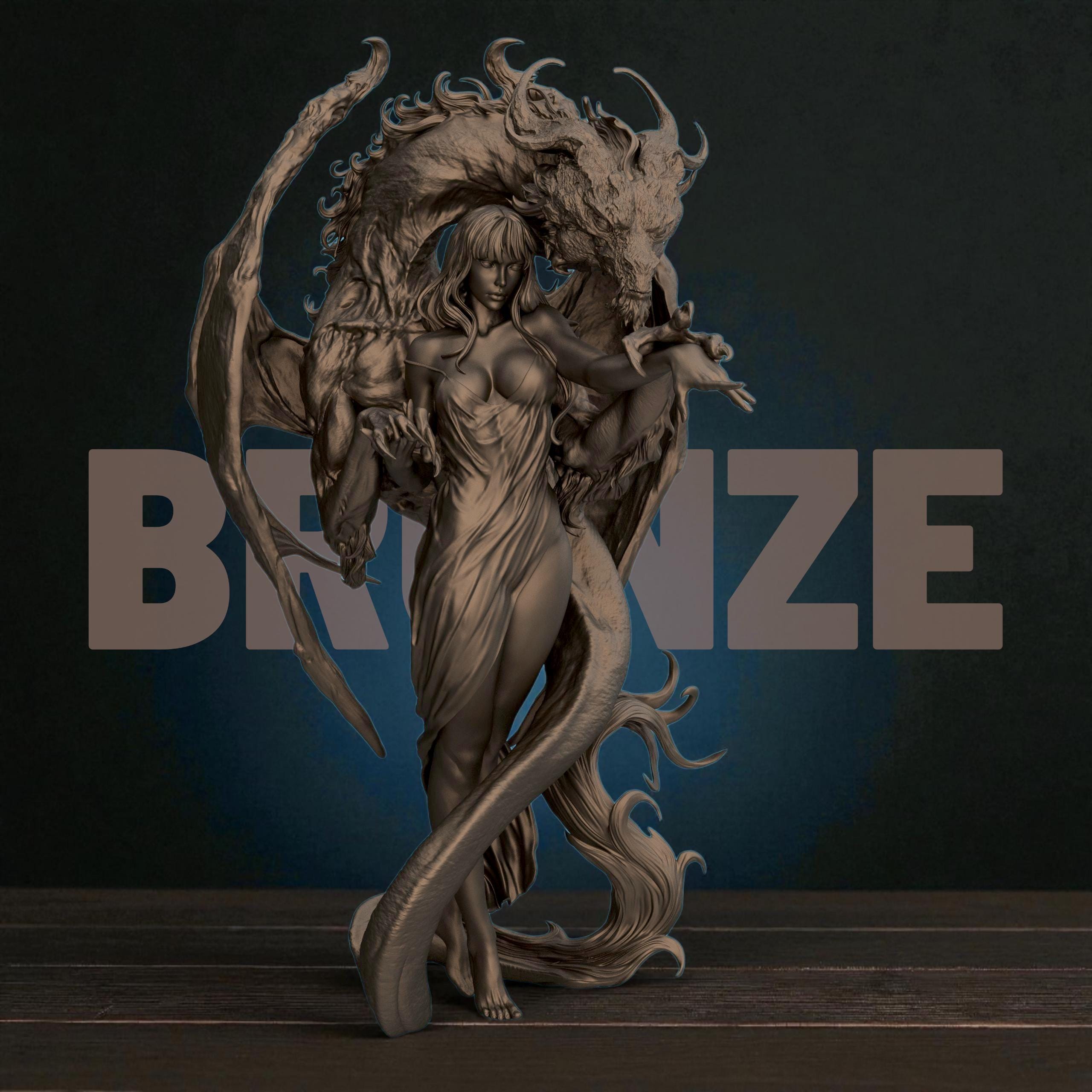 3D-printed Dragon Lady figurine featuring an elegant woman entwined with a majestic dragon. The sculpture blends beauty and power, with intricate textures on the dragon’s wings and scales, and flowing details in the woman’s hair and dress — a captivating fantasy centerpiece symbolizing harmony between strength and grace.