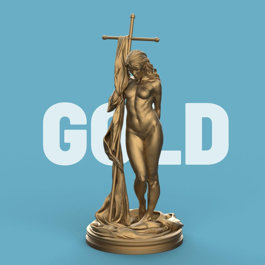 3D-printed Helga statue featuring a graceful nude female figure posed beside a large cross-draped cloth, standing on a textured circular base. Elegant and artistic collectible sculpture, ideal for home décor or display.