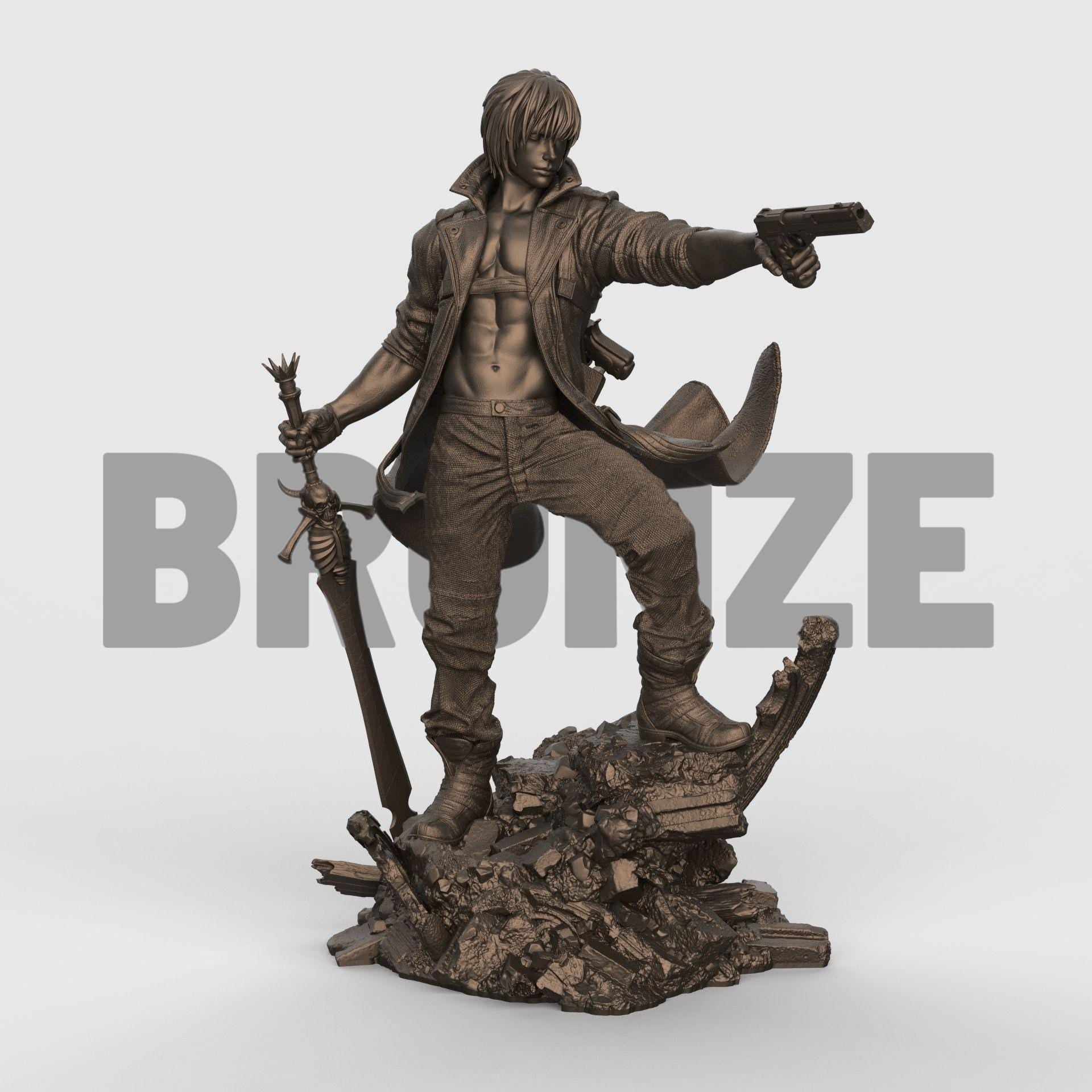 Dante figurine posed dynamically on rocky terrain, wearing a flowing red coat and holding a pistol aimed forward, with detailed sculpting and painted finish.