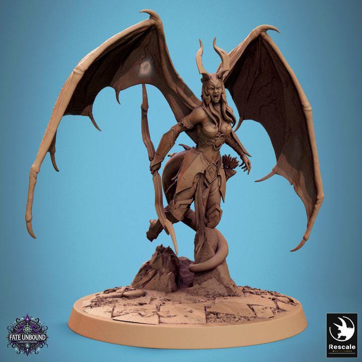 A fierce female cambion with demonic wings, curved horns, and a serpent tail wields a deadly spear and shield. Her armored form exudes power as she stands ready for battle, embodying both beauty and terror in a masterfully sculpted miniature.