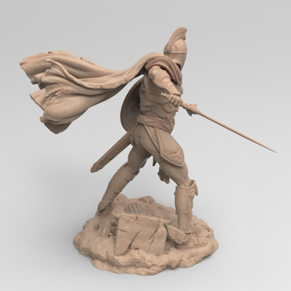 Detailed 3D-printed statue of Perseus in dynamic battle pose, holding a sword and shield, wearing intricately designed armor and a flowing cape, standing on a base with broken columns and rubble.