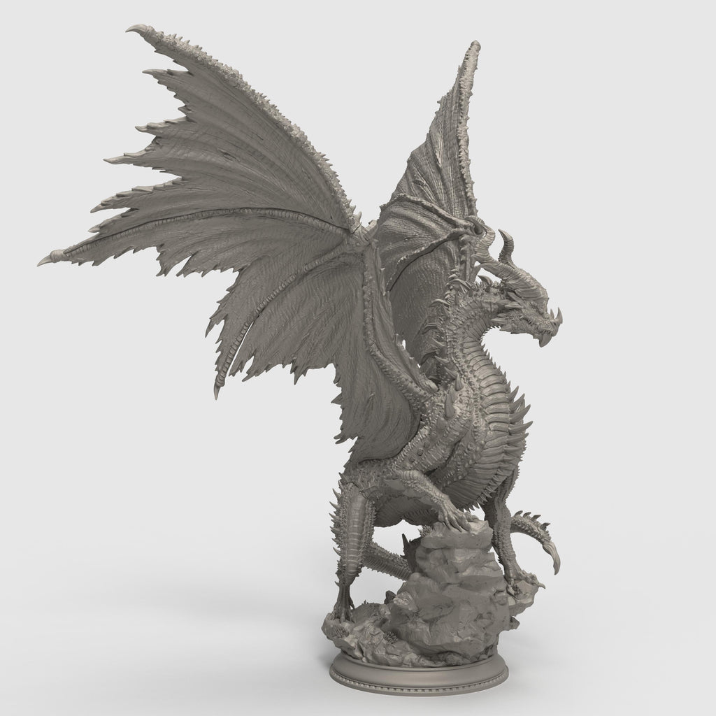 Highly detailed 3D-printed miniature of a Black Ancient Dragon perched atop jagged rocky terrain. The dragon features menacing horns, sharp spines along its body, and expansive, tattered wings spread wide in a dominant pose. Sculpted with fine textures, including intricate scales and a fierce, snarling expression.