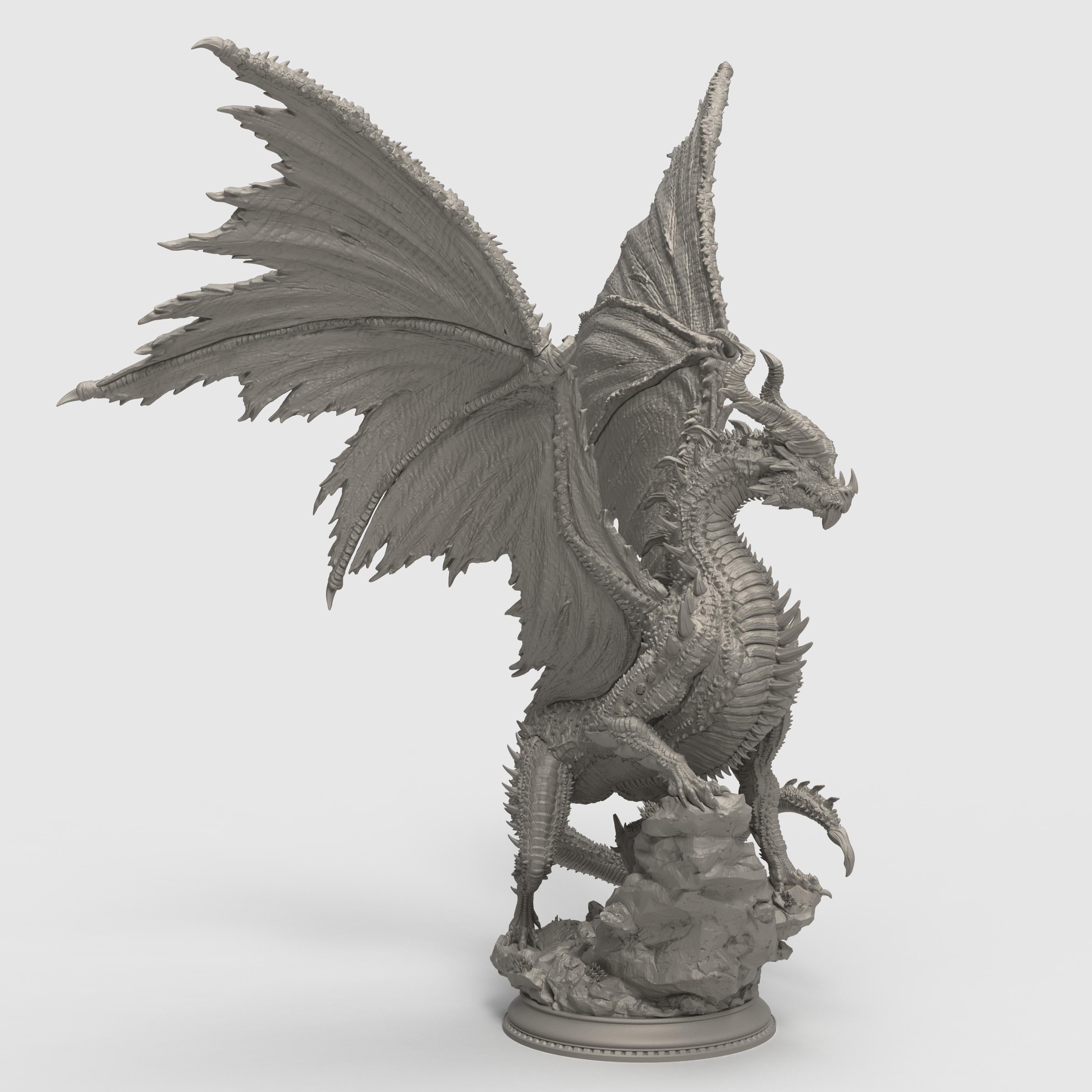 Highly detailed 3D-printed miniature of a Black Ancient Dragon perched atop jagged rocky terrain. The dragon features menacing horns, sharp spines along its body, and expansive, tattered wings spread wide in a dominant pose. Sculpted with fine textures, including intricate scales and a fierce, snarling expression.