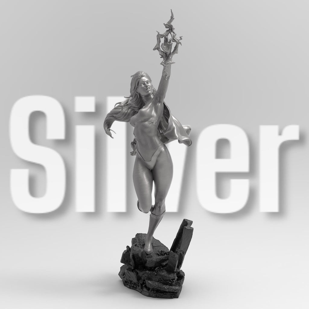 3D-printed statue of Kaira Nova in a dynamic pose, levitating over rocky debris with energy constructs forming around her hands. Detailed sculpt with flowing hair, a cape, and a confident expression, capturing her iconic superhero stance.