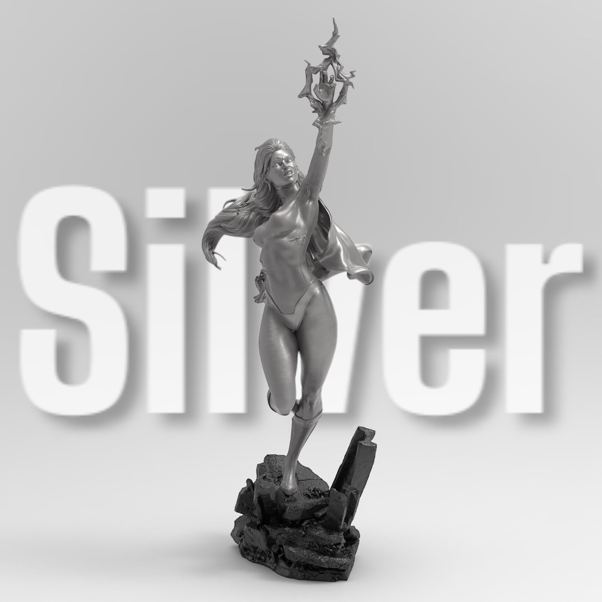 3D-printed statue of Kaira Nova in a dynamic pose, levitating over rocky debris with energy constructs forming around her hands. Detailed sculpt with flowing hair, a cape, and a confident expression, capturing her iconic superhero stance.