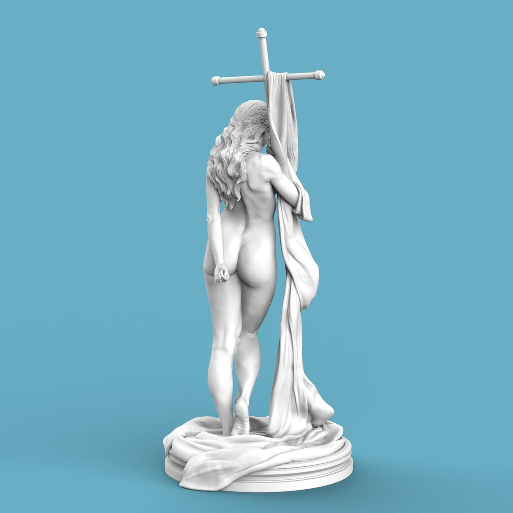 3D-printed Helga statue featuring a graceful nude female figure posed beside a large cross-draped cloth, standing on a textured circular base. Elegant and artistic collectible sculpture, ideal for home décor or display.