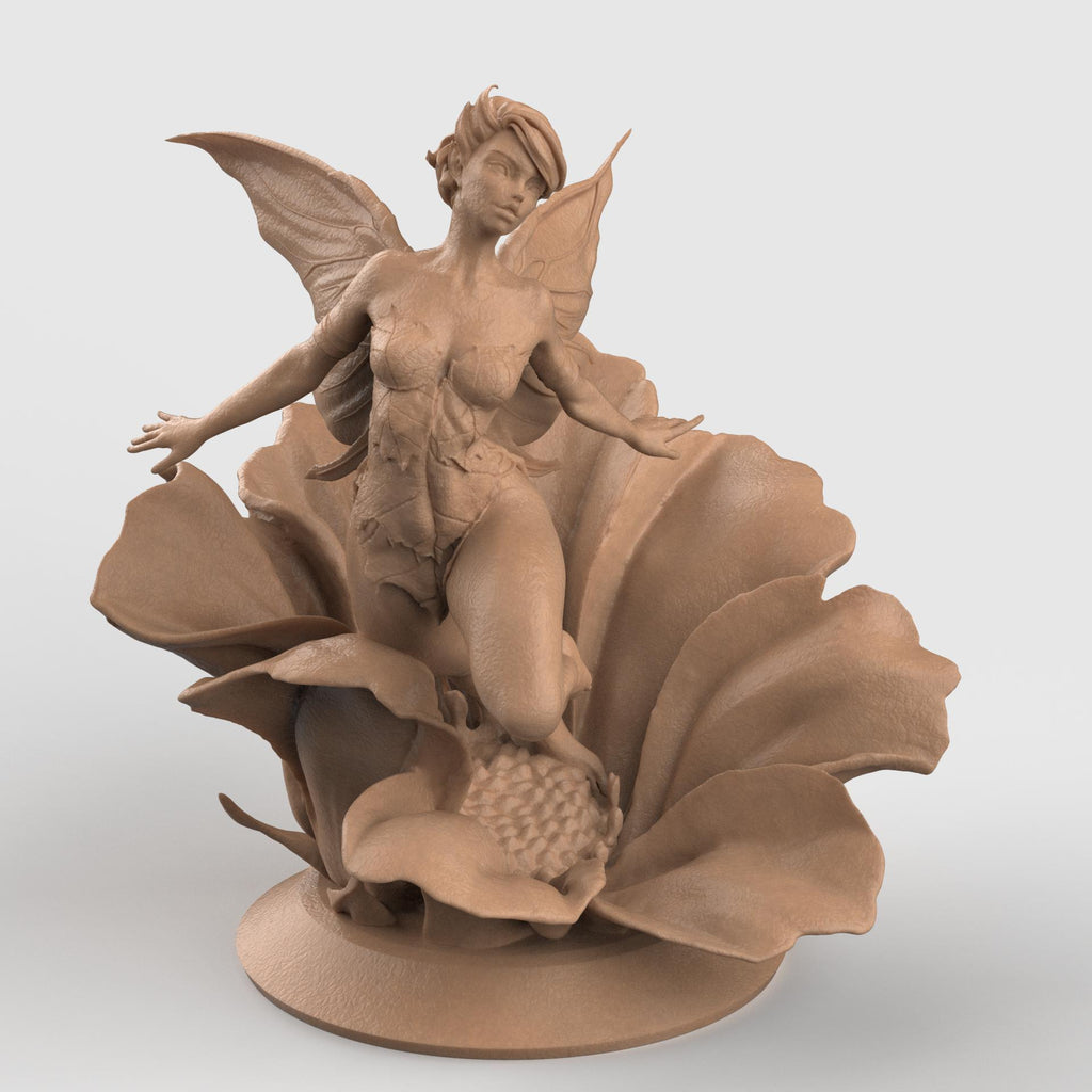 3D-printed figurine of a graceful fairy with delicate wings, poised elegantly atop a blooming flower. The fairy’s flowing form and detailed floral base highlight fantasy artistry, making it a stunning collectible or home décor piece.