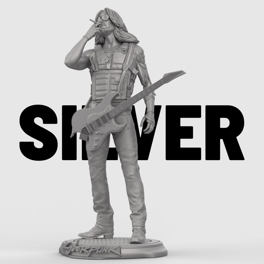 Highly detailed Johnny collectible statue inspired by Cyberpunk, featuring the iconic rocker with cybernetic arm, tactical vest, and electric guitar slung across his body. Posed mid-smoke on a stylized base. Available in full color, gold, silver, bronze, Stone Gray, Walnut finishes for striking display options.