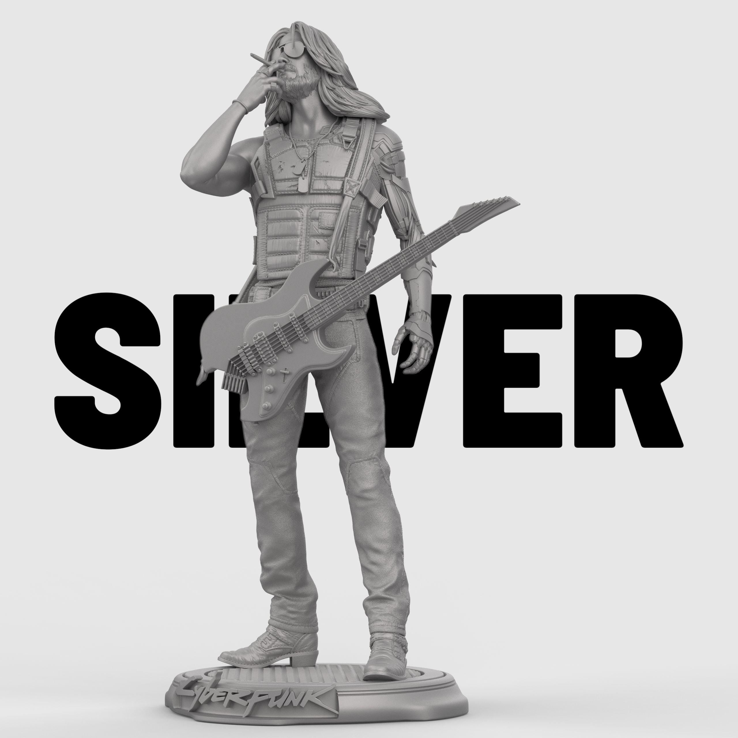 Highly detailed Johnny collectible statue inspired by Cyberpunk, featuring the iconic rocker with cybernetic arm, tactical vest, and electric guitar slung across his body. Posed mid-smoke on a stylized base. Available in full color, gold, silver, bronze, Stone Gray, Walnut finishes for striking display options.